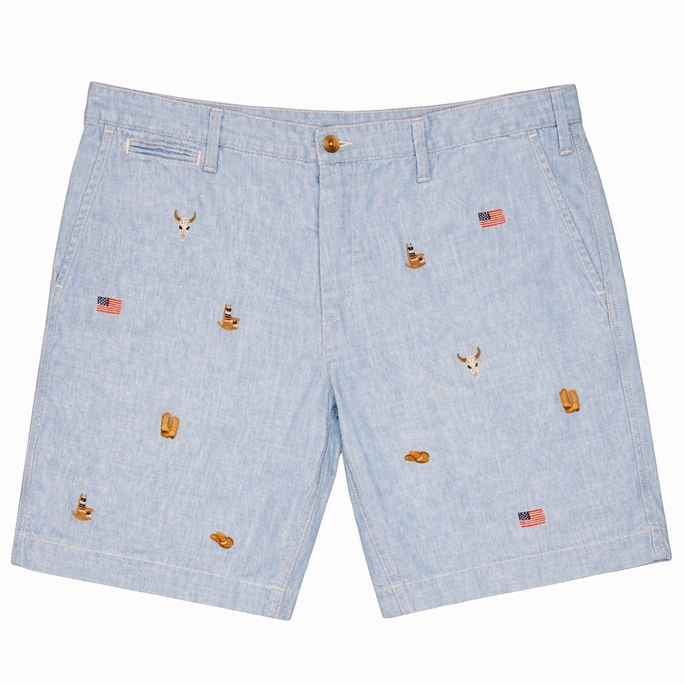 Polo Ralph Lauren Mens 42T Western Embroidered Chambray Shorts Blue Flag Skull - Picture 2 of 11